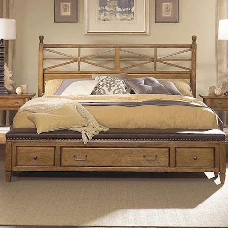 King Arbor Gate Bed with Leather Top Bench Footboard and 3 Drawers